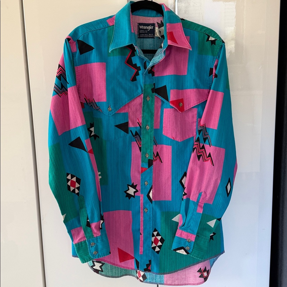 Vintage 90s WRANGLER Cowboy Cut Shirt Made USA Aztec Geometric X-Long Tails XL